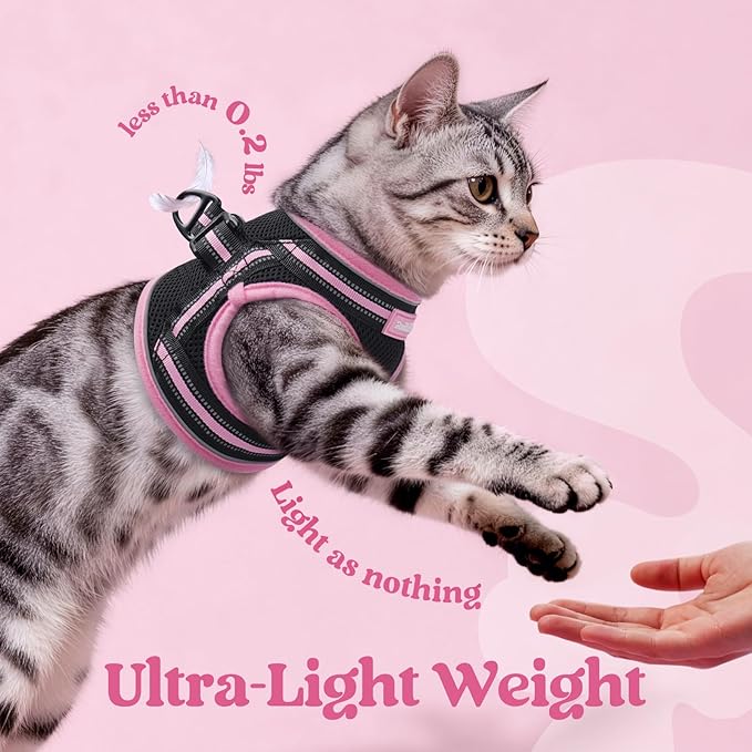 rabbitgoo Cat Harness and Leash Set for Walking Escape Proof, Adjustable Soft Kittens Vest with Reflective Strip for Cats, Comfortable Outdoor Vest, Black & Pink, M