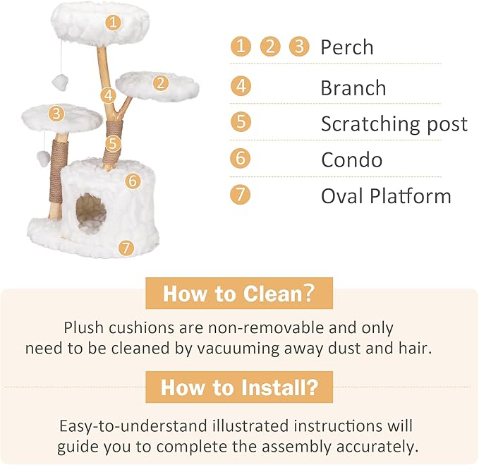Cloud Cat Tree Aesthetic, Natural Wood Branch Cat Tree Tower with Large Condo, Soft Perches, Kitten Scratching Posts, Cat-Approved Modern Luxury Cat Tower, White