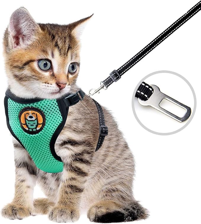 AWOOF Reflective Kitten Harness and Leash Escape Proof with Car Seat Belt, Adjustable Cat Puppy Walking Jacket with Metal Leash Ring, Soft Breathable Small Pet Vest (S)