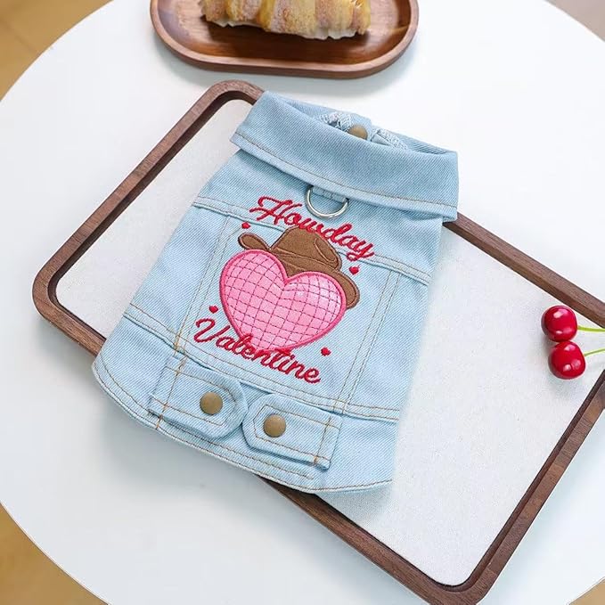 Valentine Denim Dog Jacket for Small Dogs Cats, Cute Cowboy Heart Embroidered Pet Vest with D-Ring for Leash, Lightweight Puppy Outfit for Daily Wear & Holidays(XL)