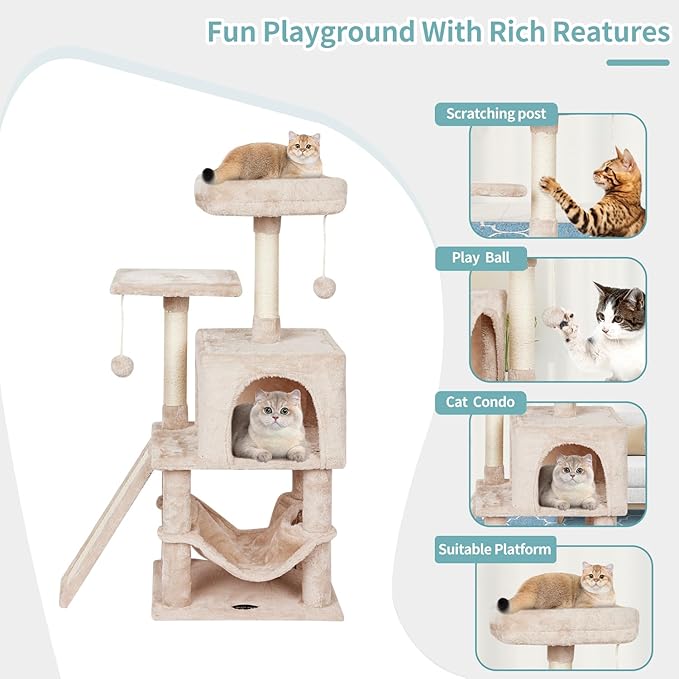 Cute Cat Tree Tower for Indoor Cat Tower with Scratching Post Modern Activity House Hammock Hanging Ball Condo with Board Beige