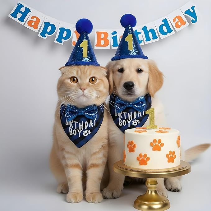 Xindojuz 1 Set Cat Birthday Hat Decorations, Adjustable Cat Birthday Hat with Number Bow Tie Bandana Collar for Cats Dogs Pet Kittens Apparel Christmas Party Outfits Supplies (Blue)