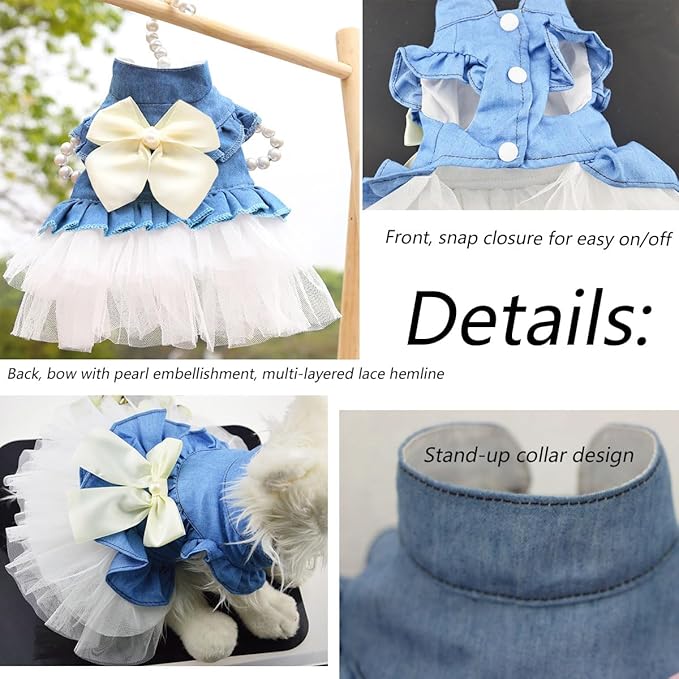 Dog Cat Denim Tutu Dress, Princess Puppy Kitten Outfit with Pearl Bow & Stand-Up Collar, Sleeveless Pet Clothes for Wedding Birthday Party, Easy Front Snap Closure for Chihuahua(White-Denim, X-Small)