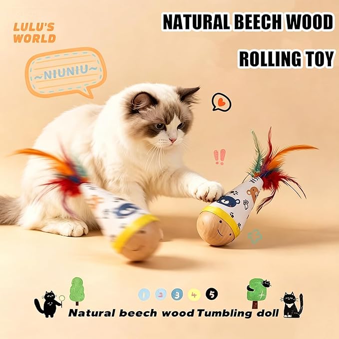 Wooden Interactive Cat Toy, 2 Pack Tumbler Wobble Toy for Indoor Cats and Small Dogs, Self-Righting with Colorful Feathers