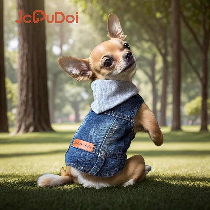 Dog Jeans Jacket with Hooded Denim Pet Coat for Puppy Small Dogs Classic Overalls Male Cat Costumes Washed Vest Clothes Outfit T-Shirts(Hoodie X-Large)