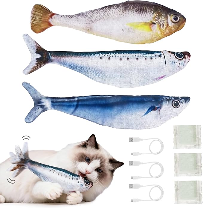 Cat Toys Flopping Fish 3 Pack Rechargeable Cat Toys Interactive for Indoor Exercise with Catnip, Moving Cat Toy 3 Flapping Mode 7.1 Inches Electric Realistic Plush Wiggle Fish