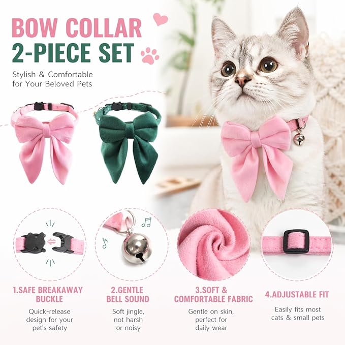 2 Pack Velvet Cat Collar with Bow Tie & Bell – Soft Adjustable Kitten Collar with Breakaway Safety Buckle, Cute Bowknot Collars for Cats & Puppies
