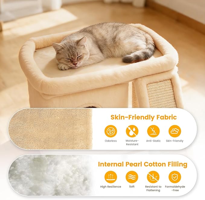Cat Tree, Compact Cat Tree for Small Spaces, Heavy Duty Cat Tower for Large Cats,Small Cat Tower with Cat Scratching Post & Bed, Cat Condo Climbing Furniture for Indoor Cats (Off-White)