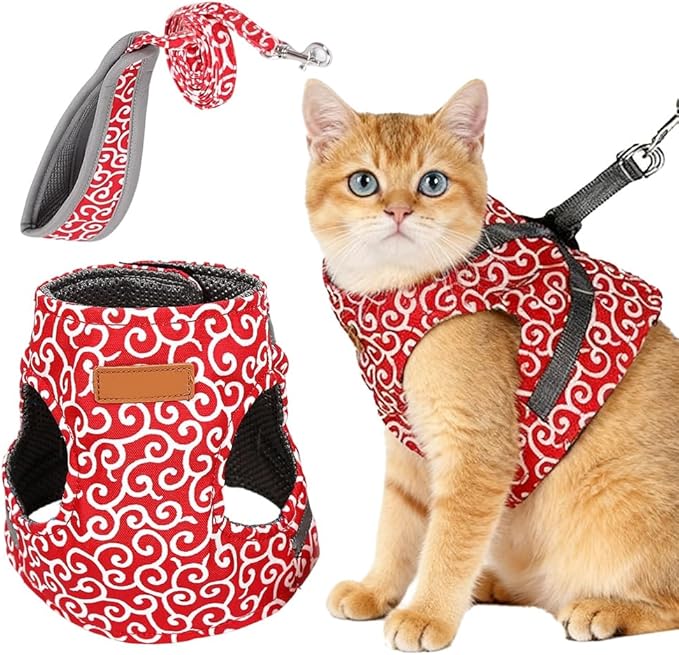 Cat Dogs Vest Harness and Leash Escape Proof, Soft Breathable Mesh and Comfortable Cat Harness and Leash Set, Anti Break Away Chest Strap Kitty Clothes for Travel Walking (Red, XL)