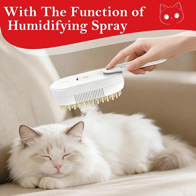 Pet Cold Mist Grooming Brush - Self-Cleaning Deshedding Tool for Dogs & Cats | Spritz Function, USB Rechargeable, Slicker Comb for Long/Short Hair (White)
