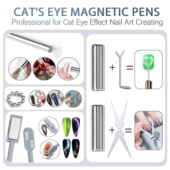 27pcs Cat Eye Nail Tools – Double-Ended Strong Nail Magnet, Magnetic Beads, Cylindrical Magnets, Scissor & Y-Shaped Plates for French Heart Cat Eye Effect