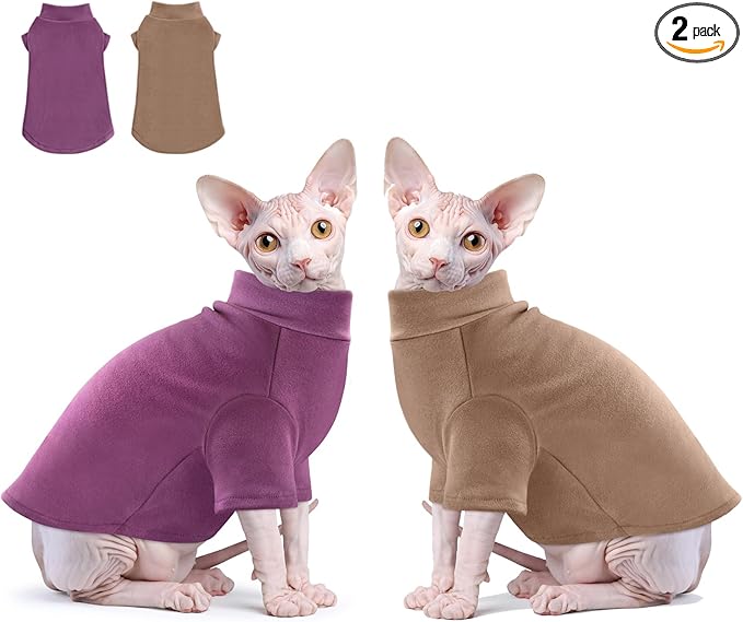 Idepet Sphynx Cats Sweater 2 Pack,Turtleneck Hairless Cat Shirt Soft and Warm Kitten Clothes with Sleeves Pullover Pet Winter Pajamas Jumpsuit for Cat Puppy (Purple&Brown, Small)