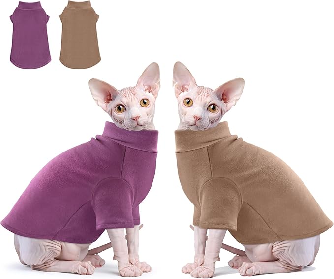 Idepet Sphynx Cats Sweater 2 Pack,Turtleneck Hairless Cat Shirt Soft and Warm Kitten Clothes with Sleeves Pullover Pet Winter Pajamas Jumpsuit for Cat Puppy (Purple&Brown, XX-Large)