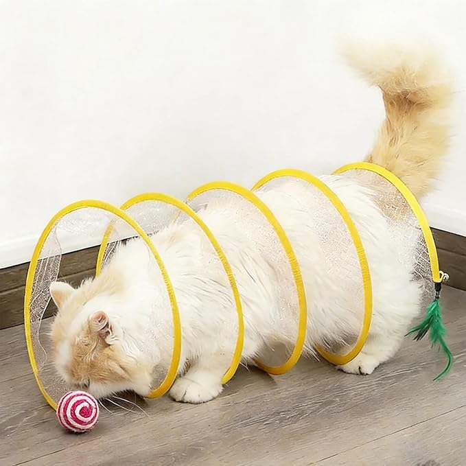 Andiker Cat Tunnel Toy, 10inch Collapsible Metal Cat Spring Toy with Nylon Mesh, Feather, Mouse, and Bell, Interactive Cat Toys for Indoor Cats to Scratch, Puzzle, Relax and Kill Time (Ball)