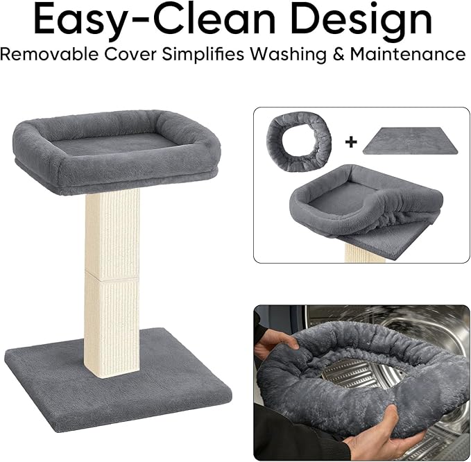 Cat Scratching Post, 32”Cat Scratcher with Large Plush Perch, Sisal & Carpet Scratching Post, Vertical Posts with Elevated Bed for Indoor Cats, Removable& Washable Cover, Grey