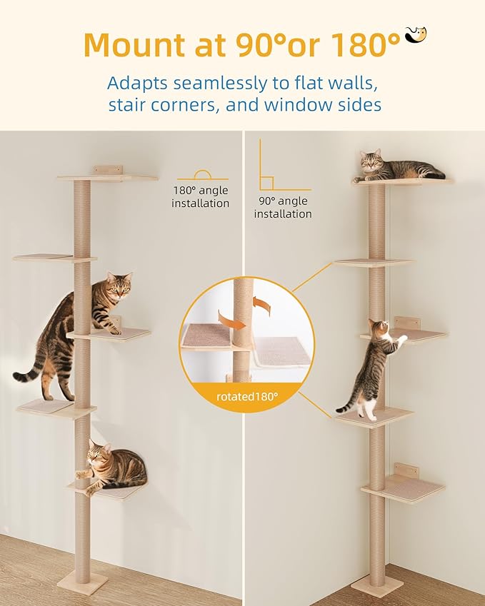 Aechonow 80inch Wall Mounted Cat Tree, 15.8in Top Perch Bed for Large Adult Cats, Adjustable Cat Shelves Floor to Ceiling for Scratch, Climb, and Lookout