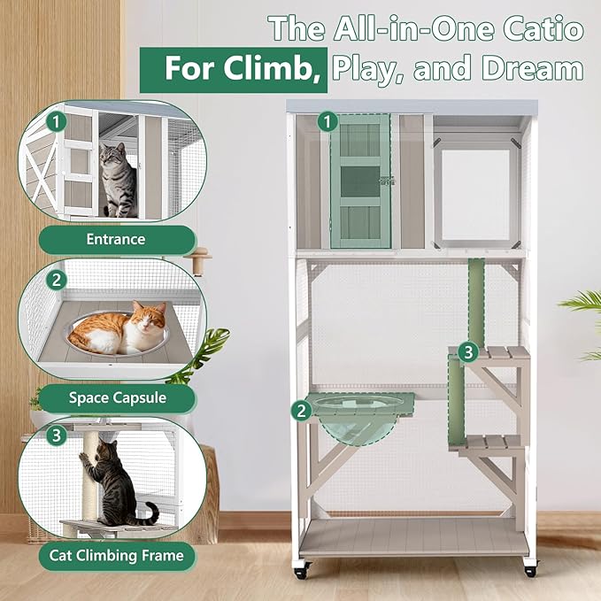 Catio Outdoor Cat Enclosure with Wheels & Weatherproof Roof, Large 63" Window Catio with 3 Platforms, Acrylic Dome, Portable Kitty House for Indoor Cats