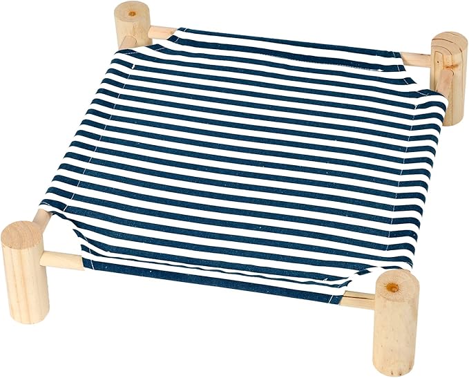 Patas Lague Cat and Dog Hammock Bed for Small Dogs, Brethable Wooden Cat Pet Rabbit Elevated Cooling Outdoor Bed Cots Furniture for Summer Blue Stripe