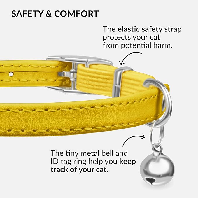 CollarDirect Leather Cat Collar with Removable Bell – Safety Elastic Strap (Breakaway Alternative) – Kitten Collar for Small & Big Boy & Girl Cats