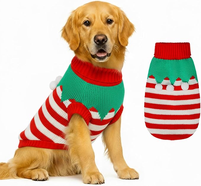 Dog Sweater Knitted for Small to Large Dogs Boy Girl, Classic Turtleneck Dog Christmas Sweaters, Warm & Soft Pet Clothes for Winter (Santa Stripe, 2XL)