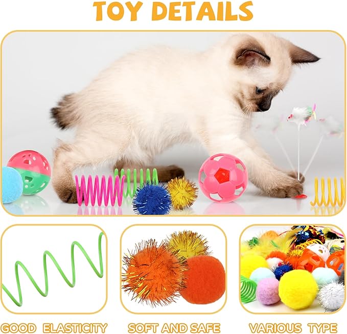 QUOZUO Cat Toys Kitten Toys Assortments, 32 Packs Interactive Cat Toy Variety Pack for Kitty, Cat Wand Toy, Cat Crinkle Balls Bell Balls with Bells, Cat Spring Toy, Catnip Toys for Indoor Cats Kitten