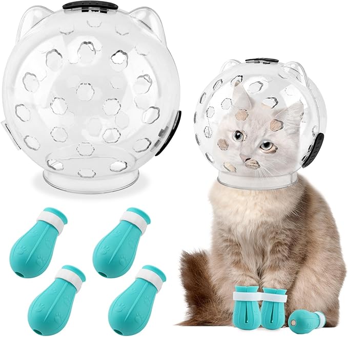 Cat Muzzle for Grooming, Transparent Cat Helmet with 4 Silicone Claw Covers, Adjustable Breathable Kitty Hood Anti Bite Bubble Astronaut Groomin Mask for Pet Bath Nail Trimming,L