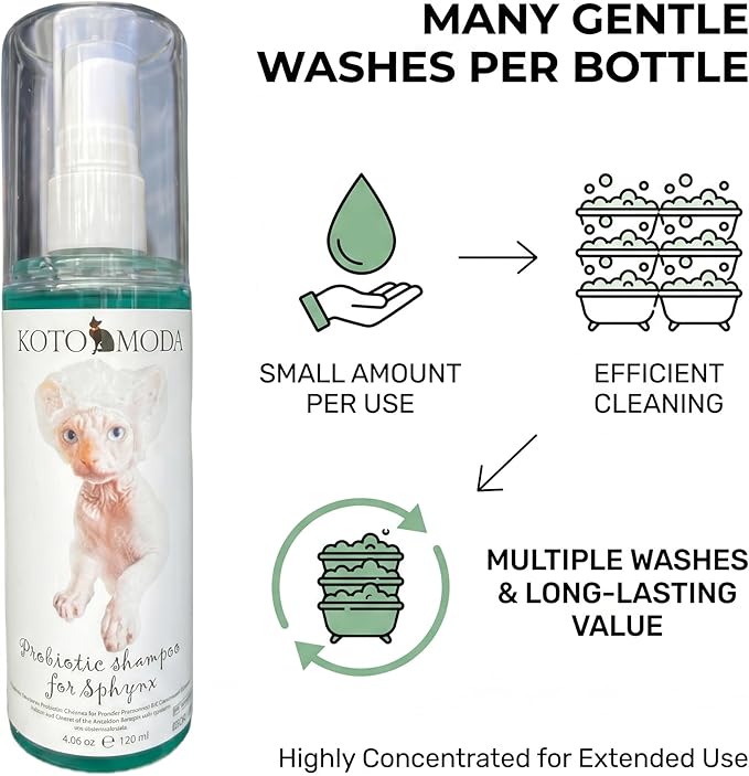 Probiotic Shampoo for Sphynx Cats, Gentle Unscented Cleanser for Hairless and Short-Hair Breeds, pH Balanced Moisturizing Formula for Sensitive Skin, 4.06 fl oz / 120 ml