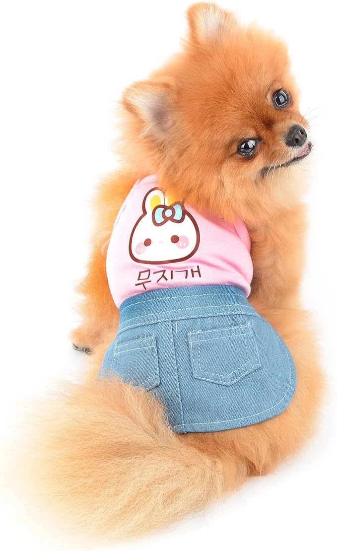 PAIDEFUL Small Girls Dog Denim Dress Spring Summer Sundress Cartoon Patch Soft Comfortable Puppy Clothes Cute Sleeveless Pullover Cats Costume Birthday Party, Pink, M