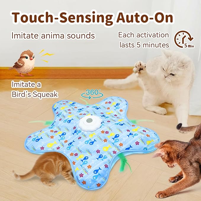 Interactive Cat Toy for Indoor Cats, Rechargeable Touch Activated Hide and Seek Cat Toys, Automatic Moving Concealed Wand Feather Toy for Bored Indoor Kitten Adult Cats, Real Bird Squeaky Blue