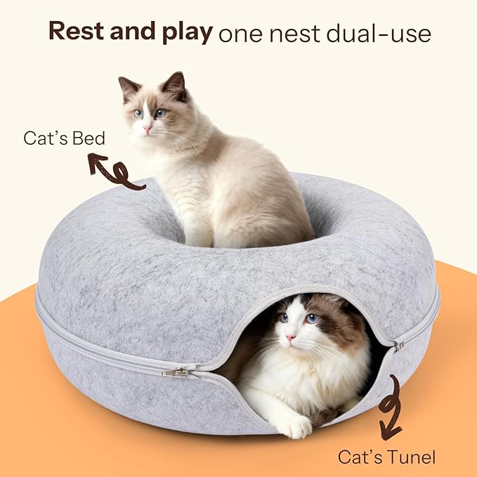 Peekaboo Cat Cave Bed for Indoor Cats, Scratch-Resistant Cat Donut Tunnel for Multiple & Large Cats, Detachable Round Cat Hideaway for Playing, Sleeping and Hiding