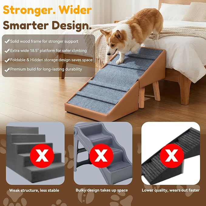 Dog Ramp & Stairs for Couch Sofas, 18.5" Extra Wide Pet Steps for Small Dogs, 15.7" H 3-in-1 Foldable Ottoman & Hidden Storage Design, Non-Slip Dog Ramp for Senior & Injured Pets (Camel)