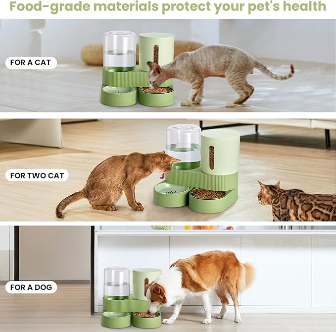 Automatic Dog Cat Water Dispenser Gravity Feeder and Water Dispenser Stainless Steel 2-in-1 Set Large Capacity Dispenser for Pets Dogs, Puppies, Kittens（Green）