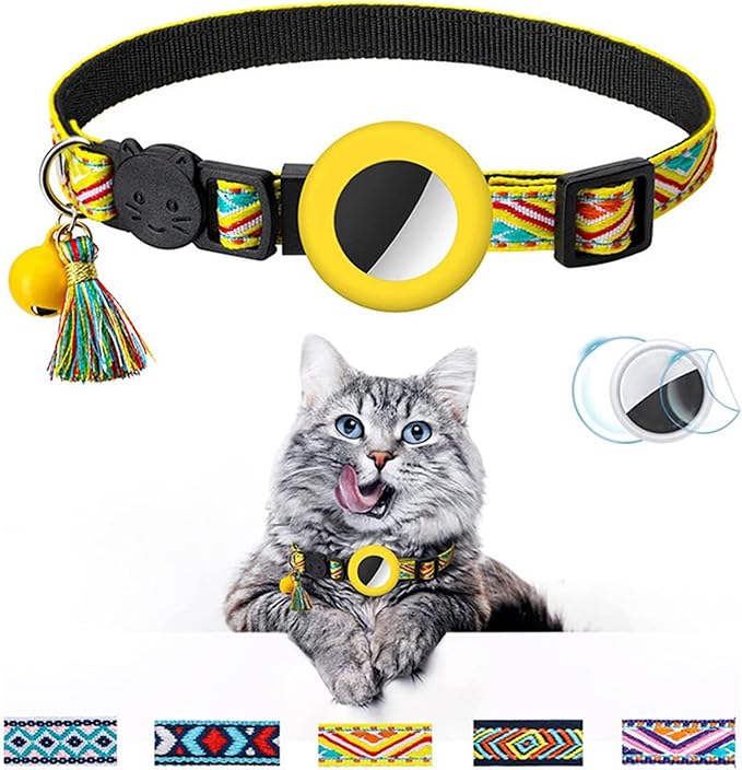 Cat Collar with AirTag Holder – Breakaway Lightweight Woven Cat Collar, Adjustable with Bell for Cats & Kittens (Sun & Sky Set) | Amazegoods