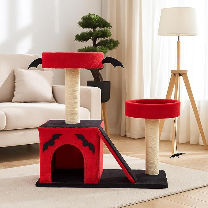 26" Gothic Cat Tree, Cat Tower with Spacious Cat Condo, 2 Padded Perches, Spider Toy, Scratching Posts, Scratching Ladder for Large Cats, Red & Black (60 * 40 * 66CM)