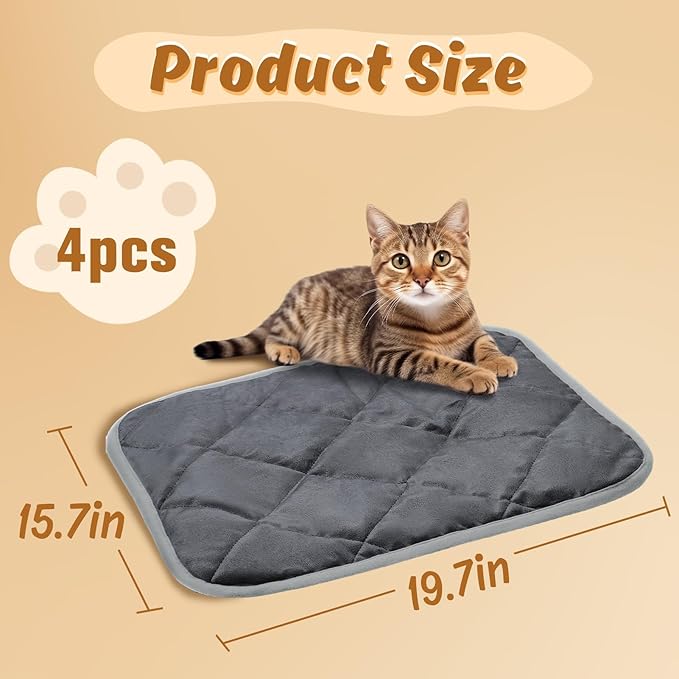 MEWTOGO 4 Pcs Self Warming Cat Bed Mat - 15.7X19.7in Soft & Warm Self-Heating Pet Pad, Washable Bed Mats Reflect Body Heat with Non-Slip Bottom for Indoor Cat Gifts