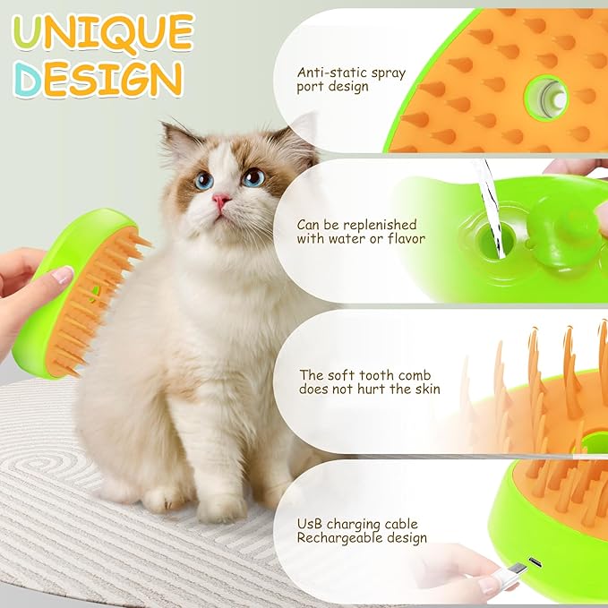 Rechargeable 3-in-1 Silicone Steaming Brush for Detangling and Grooming Pets - Multifunctional Hair Comb for Cats (Yellow)