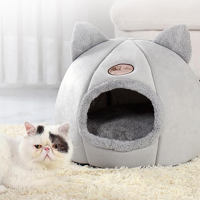 Cat Beds for Indoor Cats, 13 Inch Washable Fluffy Soft Cute Cat Bed Cave with Removable Cushion,Round Plush Faux Fur Self Warming Cat Bed for Small Medium Dogs Puppy Kitten Kitty Supplies