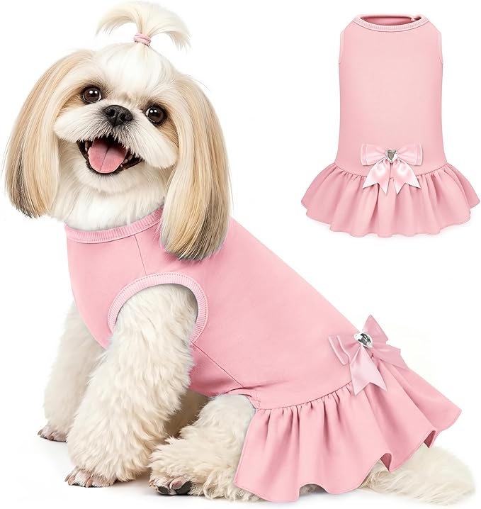 YUDODO Dog Dress Sleeveless Cat Dresses Breathable Dog Clothes for Small Dogs Girl Bowtie Puppy Dress with Cute Skirt Hem Lightweight Summer Dogs Dresses Soft & Does Not Pill Pink L