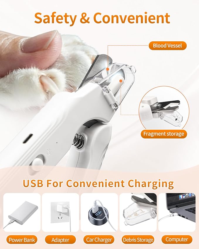 2-in-1 Cat Nail Clippers & Grinder with Light, Quiet Electric Dog Claw Care Trimmer with Safety Guard & Quick Sensor Prevent Overcutting, USB Rechargeable for Small Medium Large Pets