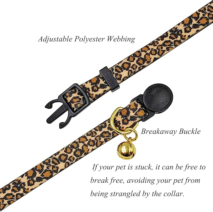 Breakaway Cat Collar, Leopard Pattern, Safe Release Buckle, Clear Bell, Polyester Material, for Adult Cats.(Leopard)