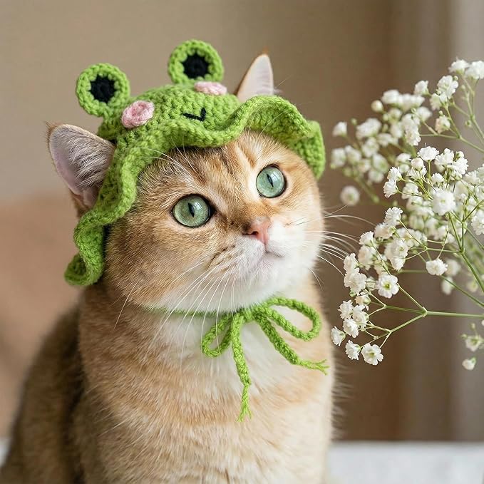 Thinp Cat Frog Hat, Cotton & Soft Cute Knitted Hats for Cats Crochet Cat Hats for Cats Birthday Party Christmas Knit Puppy Hat for Small Pets (Green, M)