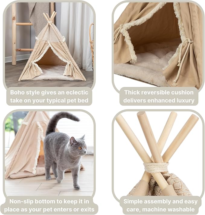 TRIXIE Boho Tipi for Dogs and Cats, Stylish Bed for Cats and Dogs with Reversible Cushion and Tie-Backs, A Perfect Retreat for Kitties and Pups, Beige