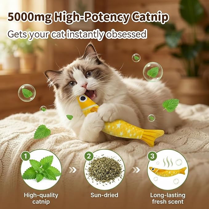 Cat Toys with 5000mg A+Natural Catnip & Bell, Interactive Soft Chew Kicker Cat Toys for Indoor Cats & Kittens, [Crinkle &Bell] Fish Sound Toy, 2 Pack Fish Cat Toys Yellow Purple