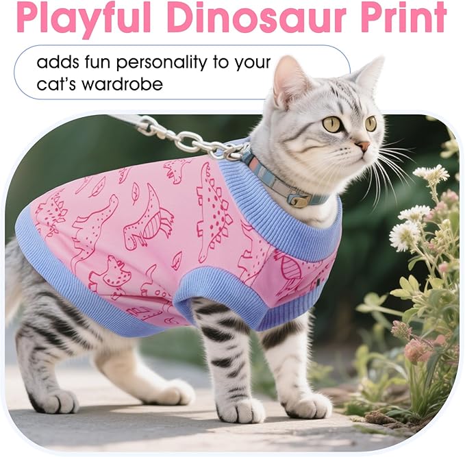 DENTRUN Sleeveless Cat Vest with Dinosaur Print, Breathable Ultra-Soft Dralon Fleece Cat Sweater, All-Season Pet Costume Apparel for Cats, Kitten Clothing for Indoor/Outdoor, Pink, XL