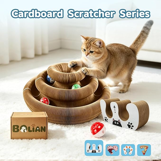 M-Shaped Double Layer Cat Scratcher, Magic Organ Accordion Scratching Board with Bell Ball, Interactive 2-in-1 Corrugated Cardboard Scratch Pad for Indoor Cats & Kittens