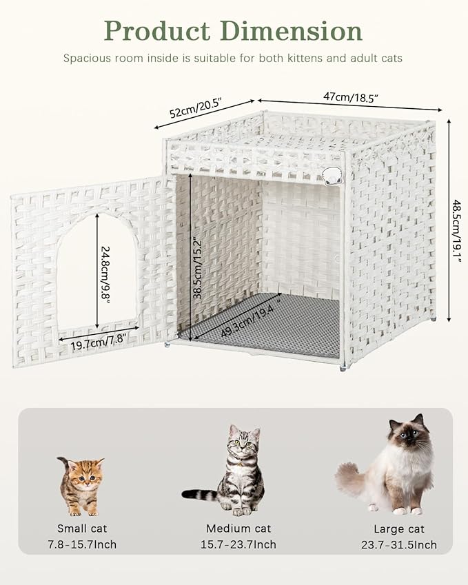 SETVSON Cat Litter Box Enclosure Furniture, Hidden Litter Box with Mat and Fence, Handwoven Rattan Cat House with Two S-Shaped Hooks for Living Room, Bedroom, 18.5 x 20.5 x 19.1 Inches (White