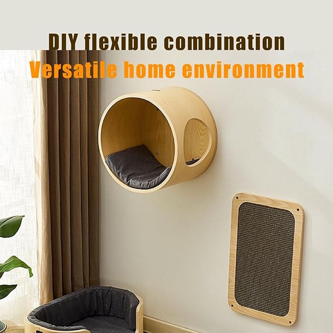 Soild Wood Round Wall Mounted Cat Bed Shelves, Cat Climbing Frame with Cushion, for Cats Sleeping, Playing, Climbing (Walnut Color)