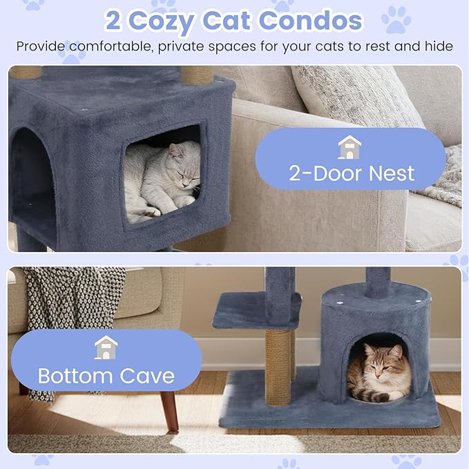 Tangkula 64 Inch Tall Cat Tree, Multi-Level Cat Tower with 2 Large Condos, Jute Scratching Posts, Plush Top Perch, Dangling Toys, Cat Climbing Furniture for Indoor Adult Cats & Kittens (Dark Gray)