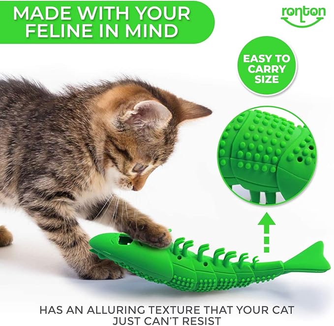 Ronton Cat Toothbrush Catnip Toy - Durable Hard Rubber - Dental Care, Cat Interactive Toothbrush Chew Toy (1 Pack Green (Shrimp)