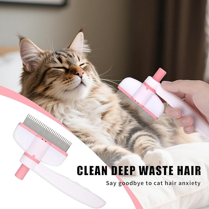 Pet Hair Removal Comb & Flea Comb with Release Button for Cats & Dogs - Grooming Brush for Short/Long Hair Pink